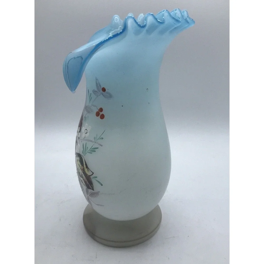 Bristol handblown glass Ruffled Collared Vase hand painted UNIQUE‎